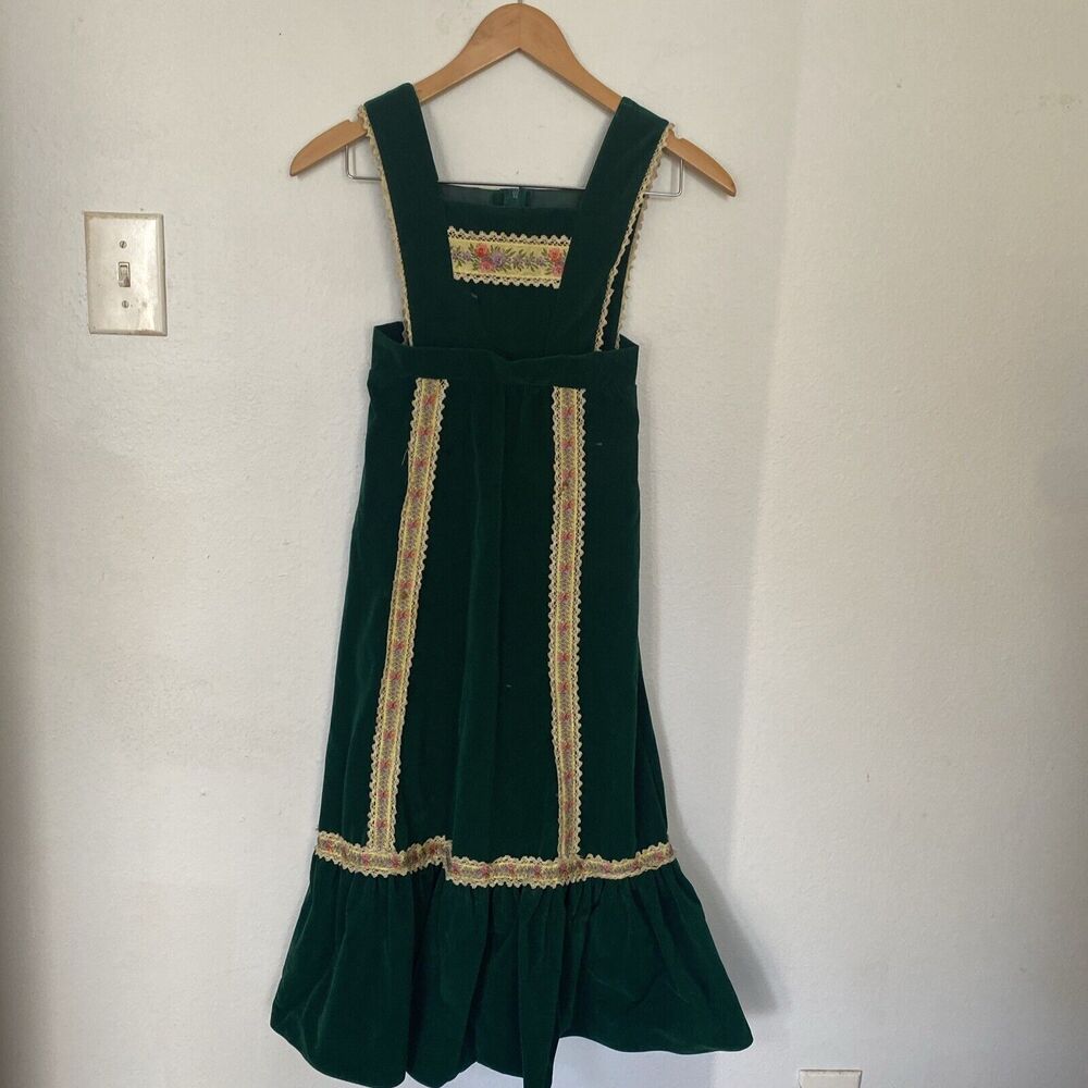 Vintage 60s Kids Green Velvet Lace Overall Dress Lace Cottagecore 6X‎